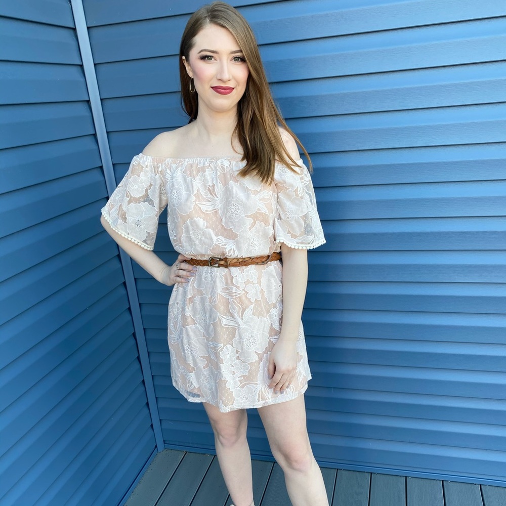 Medium cream and tan off the shoulder dress